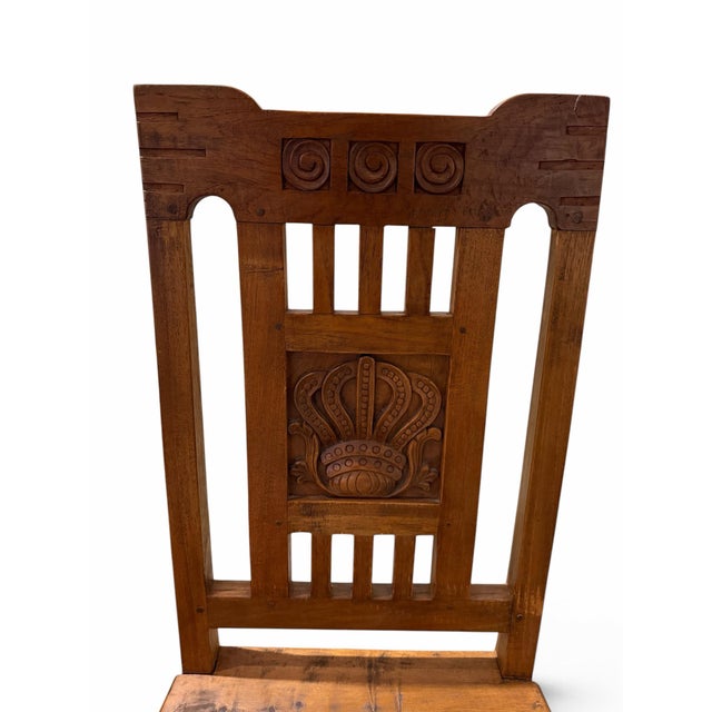 Mid 20th Century Pair of Vintage Dutch Colonial Hand-Carved Teak Crown Motif Dining Chairs For Sale - Image 5 of 7