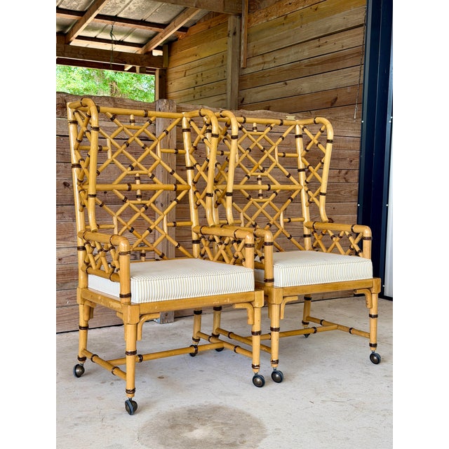 Pair of Vintage Coastal Faux Bamboo Rattan Lattice Armchairs by French Heritage For Sale - Image 12 of 12