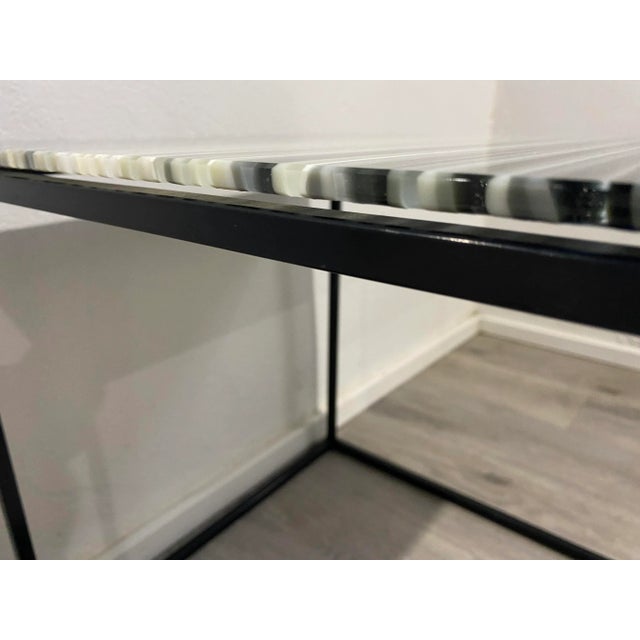 Metal Modern Glass Topped Table Striped Black,White, and Gray on Open Steel Base, Attributed to Modjulez For Sale - Image 7 of 11