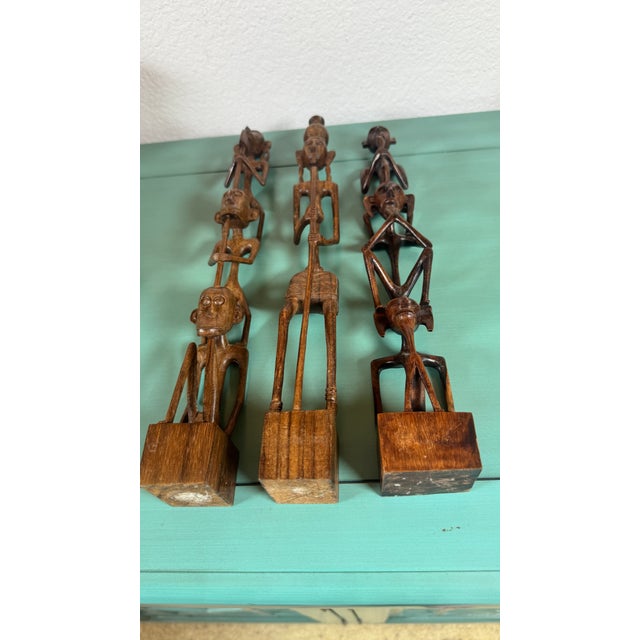 1960s African Ebony Stick Totem Figures, Malawi Tribal Wooden Sculptures 3 Pc For Sale In San Diego - Image 6 of 15