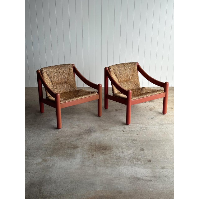 Pair of Vintage Red Lacquered Rush Lounge Chairs, Attributed to Vico Magistretti For Sale In Greensboro - Image 6 of 18