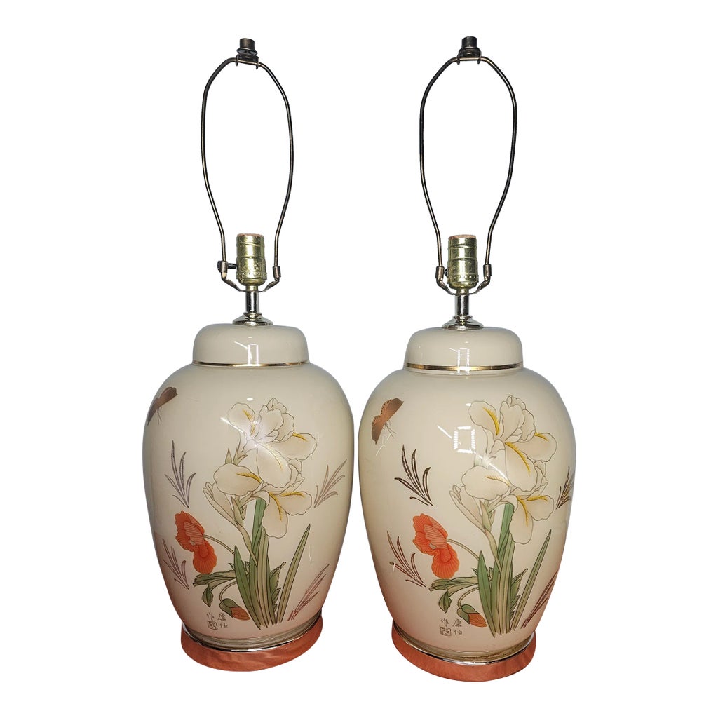 Mid-Century Oriental Ginger Jar Table Lamp Hand Painted Signed Set