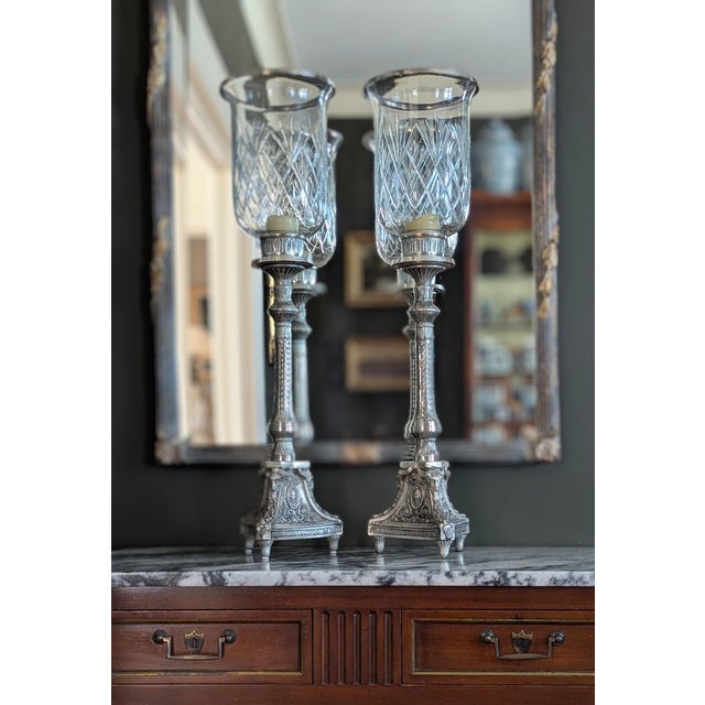 English Vintage 1990s Etched Glass Hurricane Candle Holders - a Pair For Sale - Image 3 of 9