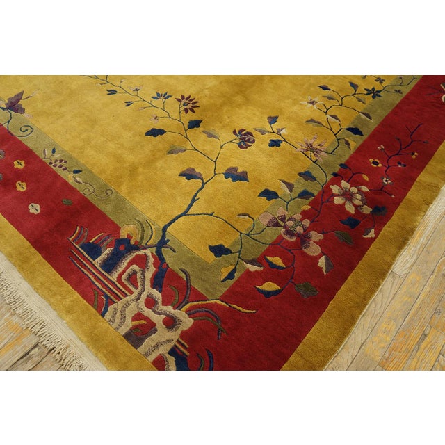 Surprising Saffron Background and Red-Raspebery Border With Tiny Sprays Floral Design Antique Chinese Art Deco Rug For Sale - Image 12 of 12