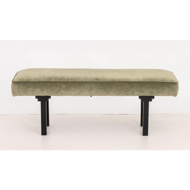 Wood Chinese Style Sage Velvet Upholstered Bench For Sale - Image 7 of 7