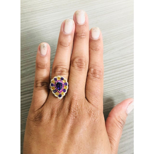 Amethyst Sapphire Diamond Yellow Gold Cocktail Ring Size 7 For Sale In Los Angeles - Image 6 of 6