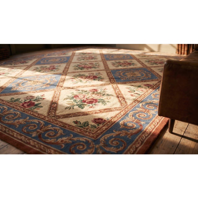 Mid 19th Century 1850s Blue Floral Diamond Antique European Needlepoint Rug 12'8" X 14'0" Handwoven Wool Carpet For Sale - Image 5 of 7