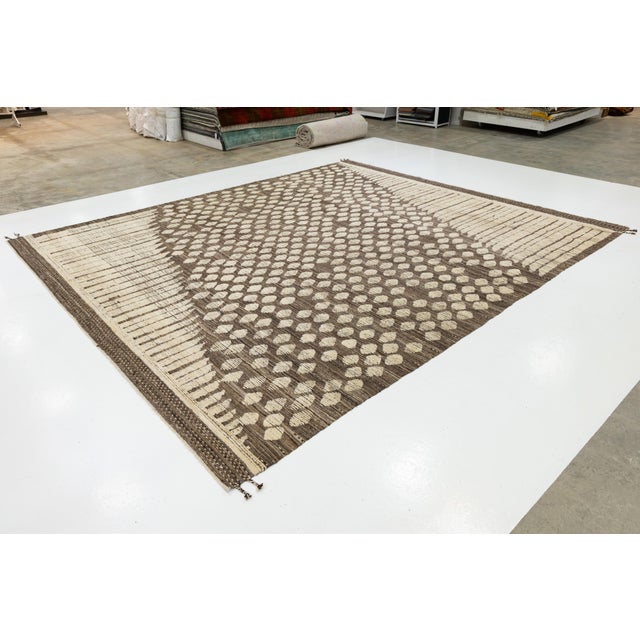 Handmade Modern Moroccan Brown Wool Rug With Graphic Geometry Design For Sale - Image 4 of 11