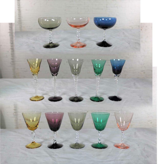 Set of 13 Pieces Multi Color Stemware in Three Sizes With Twisted Clear