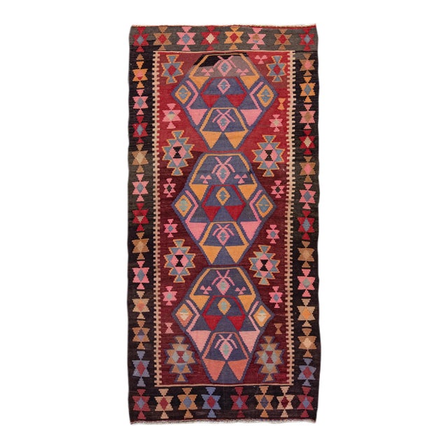 Vintage Kilim Handmade Flatweave Geometric Burgundy Wool Runner For Sale
