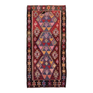 Vintage Kilim Handmade Flatweave Geometric Burgundy Wool Runner