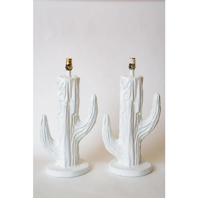 Vintage Plaster of Paris White Cactus Table Lamps Pair of Final Sale For Sale - Image 10 of 10
