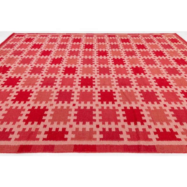 10x14 Modern Swedish-Style Flatweave Wool Rug – Terracotta & Crimson Geometric For Sale In New York - Image 6 of 10