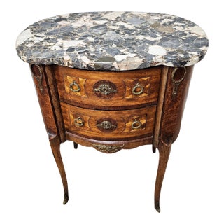 French Louis XVI Style Cube Parquetry Inlaid Gilt Bronze Mounted Marble Top Side Cabinet Nightstand For Sale