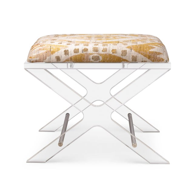 Uber chic clear lucite X shaped accent upholstery--our Delano Bench is the perfect vanity stool and/or designer accent...