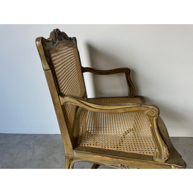 1970s Hollywood Regency French Louis XV Style Carved Wood Cane Fauteuil Armchair For Sale - Image 10 of 12