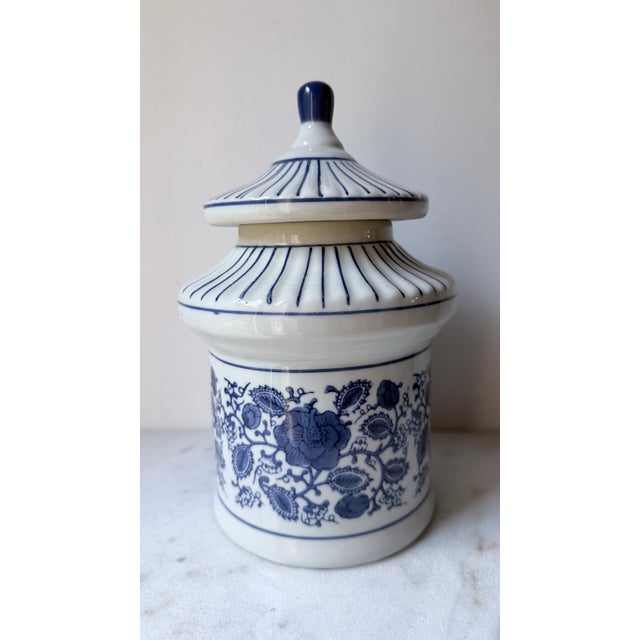 1970s Asian- Chinoiserie Floral Body Paired With a Striped Pagoda Roof Lid Canister For Sale - Image 5 of 9