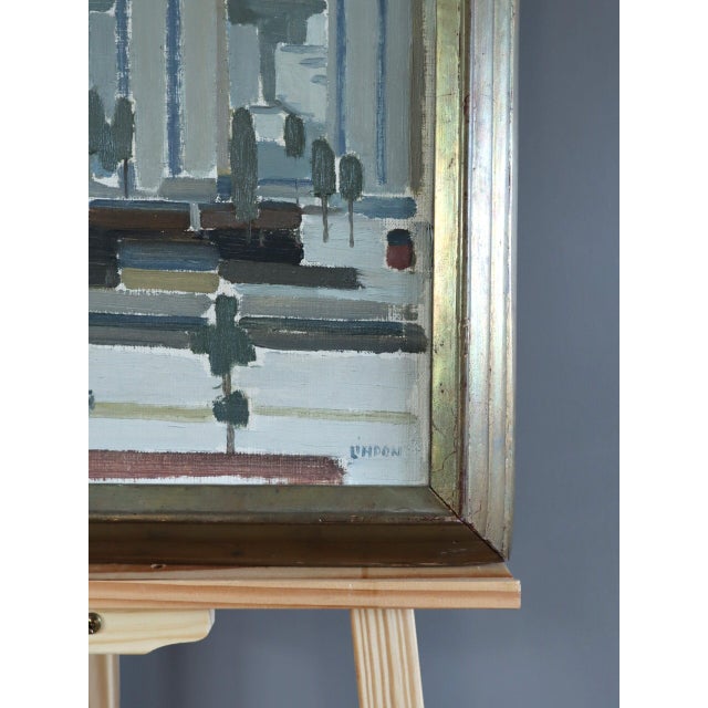 Mid-Century Modern 'City Blocks' Vintage Abstract Street Scene Landscape Oil Painting by by Swedish Artist Kurt Lindon (1910-1985), Framed For Sale - Image 6 of 9