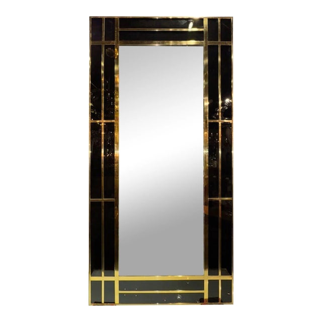 Modern Italian Designer Black Glass and Polished Brass Mirrors For Sale