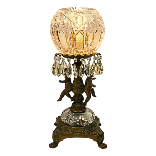 Loevsky & Loevsky Crystal Cherub Table Lamp in Gilt Bronze, 19.5", Hollywood Regency For Sale