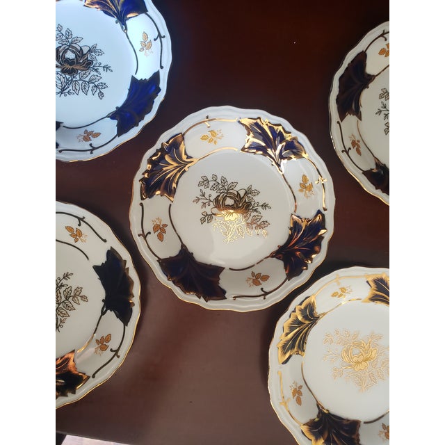 Blue Vintage Cobalt Blue & Gold Porcelain Dessert Plates – Set of 5 For Sale - Image 8 of 8