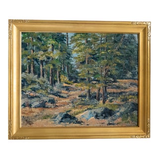 Mid-Century Impressionist Oil Painting of Forest Scene Landscape, Signed Illegibly For Sale