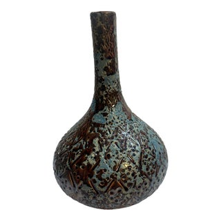 Mid‑Century European Textured Ceramic Vase – Teal & Brown Volcanic Glaze For Sale
