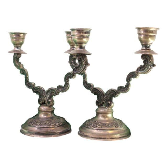 Silver 2-Light Candelabras with Shell-Shaped Reliefs, Set of 2 For Sale