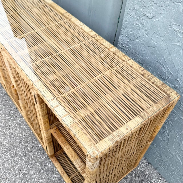Boho Chic Wicker Wrapped Credenza With Glass Top For Sale - Image 4 of 8