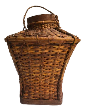 Early 20th Century Urn-Shaped Rattan Basket With Attached Herringbone Pattern Lid and Cane Strap Handle