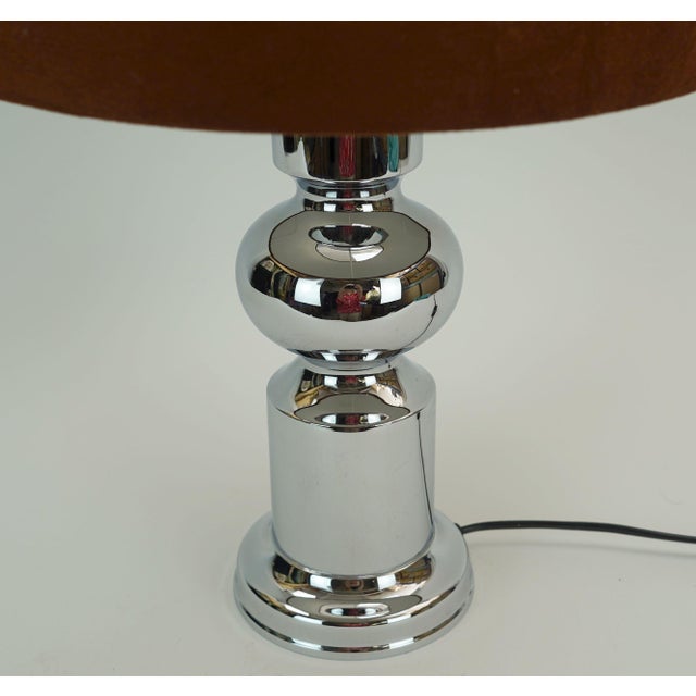 Large Table Lamp in Chrome Base and Brown Velvet Lampshade from Aro-Leuchten, 1970s For Sale - Image 4 of 12