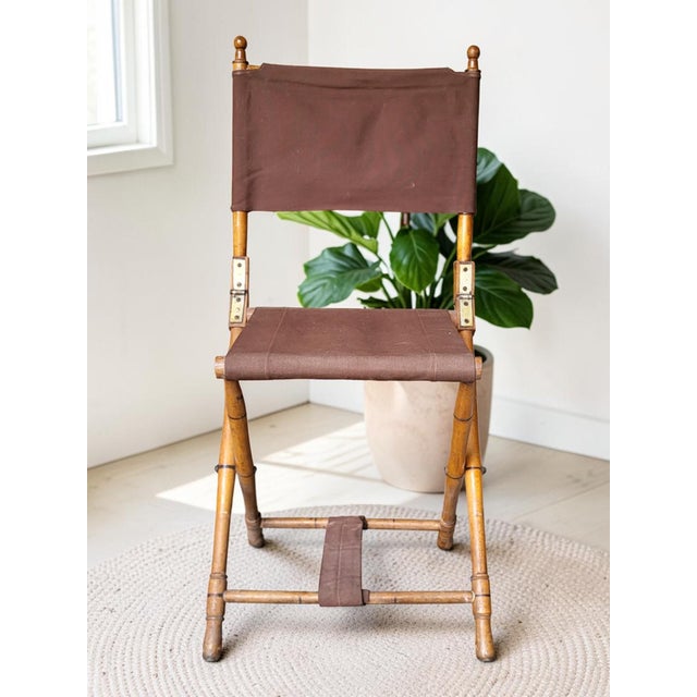 Folding Country Chair, Faux Bamboo, Brown Canvas, Stamped "Registered Design," 20th Century Antique folding chair,...