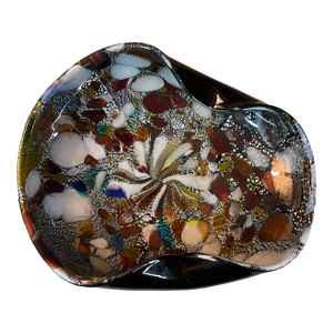 Vintage Heart-Shaped Black Bronze Silver Gold Flecked Handblown Murano Glass Tutti Frutti Bowl, 1950s Italy