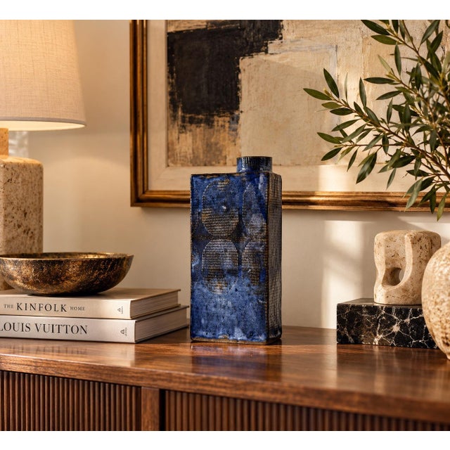 Beautiful vintage studio pottery vase dated 1989, featuring a striking rectangular bottle-shaped silhouette with an...