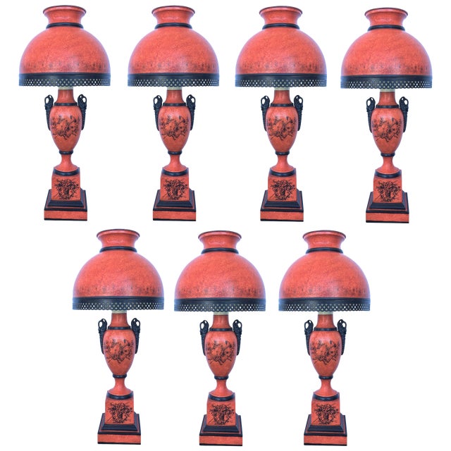 20th Century Set of Seven Red Sang De Boeuf Table Lamps With Ornamental Motifs For Sale