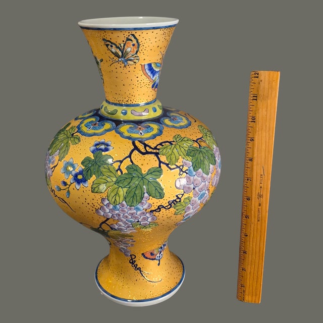Ceramic Vintage Chinoiserie Temple Tall Vase Heavily Gilded Floral Grapes Butterflies For Sale - Image 7 of 10