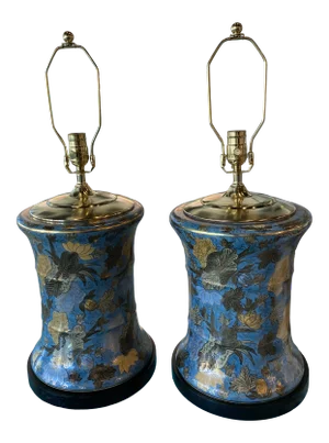 Vintage Large Floral Porcelain Chinoiserie Blue Drum Table Lamps New Wiring -A Pair