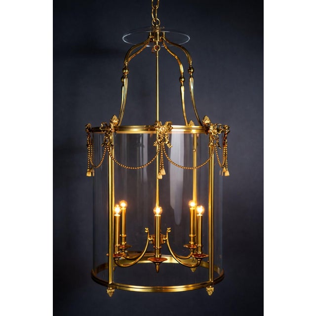 Not Yet Made - Made To Order Custom Made Brass Lantern Chandelier Circular Glass Pendant Light 6 Light For Sale - Image 5 of 17