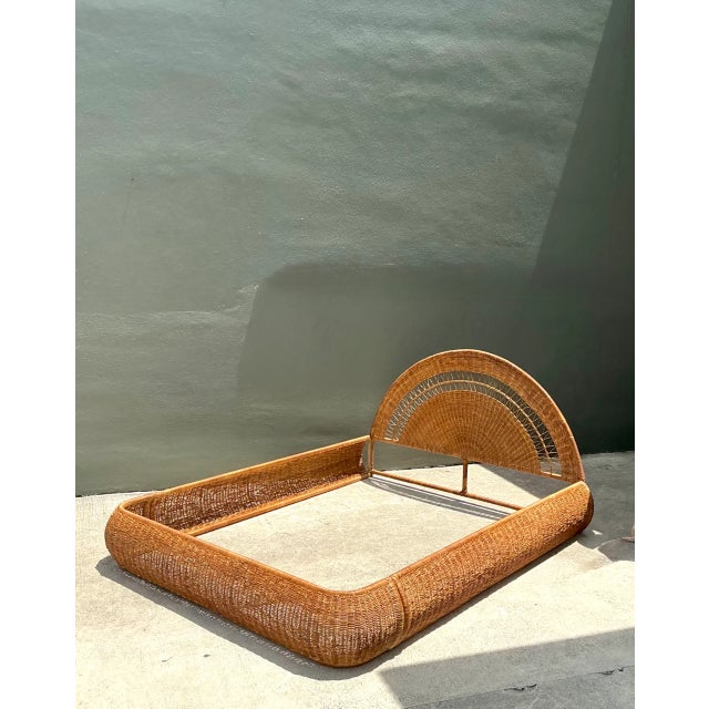 Wood Vintage Woven Rattan Queen Bed Frame For Sale - Image 7 of 12