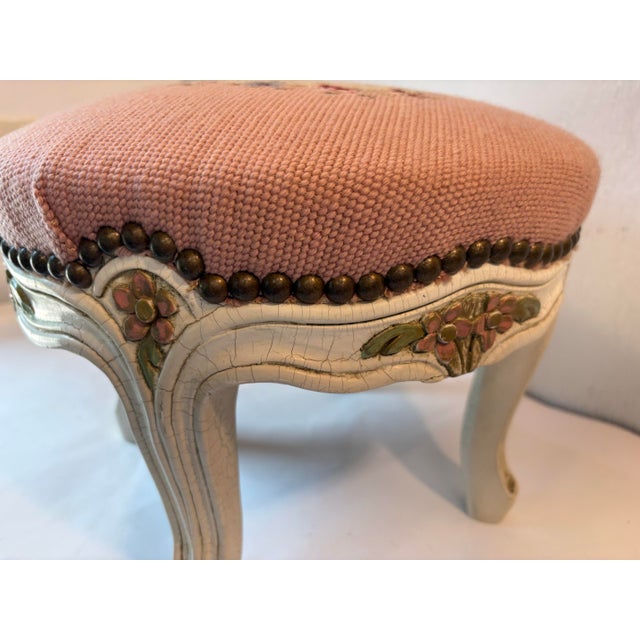 Wood Vintage French Provincial Pink Needlepoint Footstool For Sale - Image 7 of 11