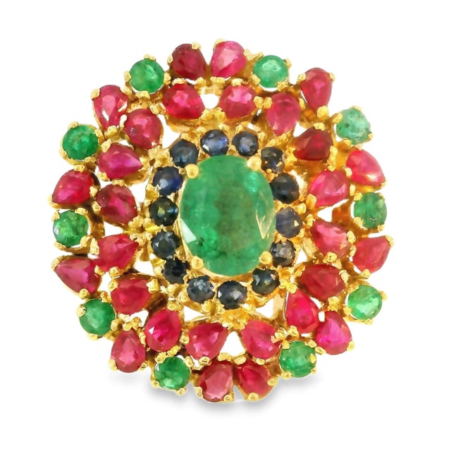 Magnificent Estate 22K/18K Yellow Gold Ruby, Emerald, and Sapphire Ring. This exquisite ring brings together the rich hues...