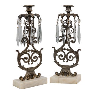 1950s Hollywood Regency Bronze and Crystal Candelabra Pair on Marble Base. For Sale