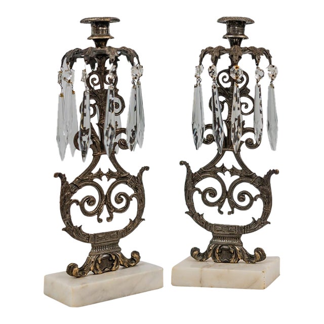 1950s Hollywood Regency Bronze and Crystal Candelabra Pair on Marble Base. For Sale