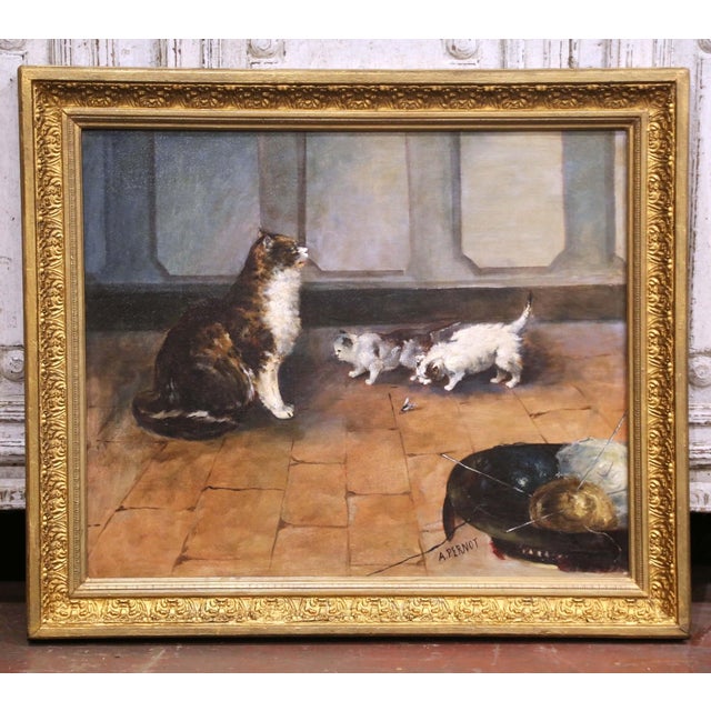 French Pair of 19th Century French Pendant Cat Oil on Canvas Paintings Signed A. Pernot For Sale - Image 3 of 18