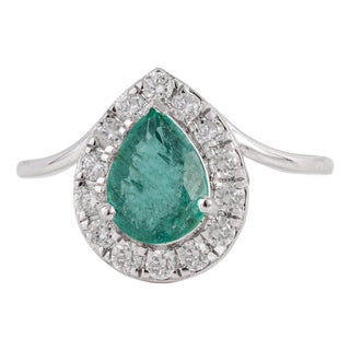 1.15ct Natural Pear-Cut Emerald Diamond Halo 14k Gold Statement Ring Size 9 For Sale