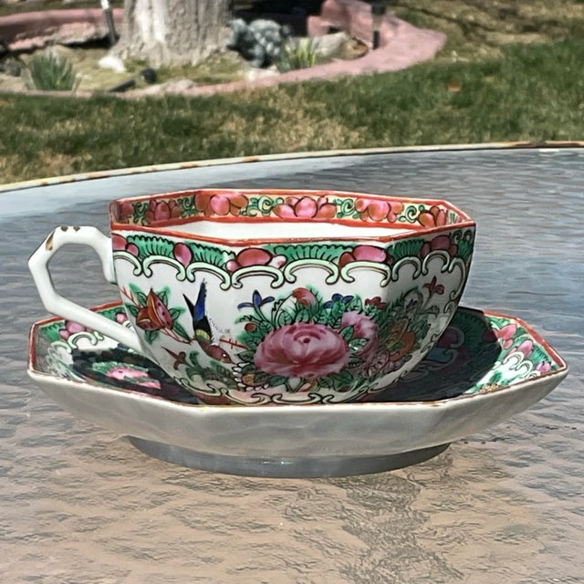 Set of 2 beautiful Octagonal Famille Rose Medallion Cups and Saucers. They all have the made in China mark so they date to...