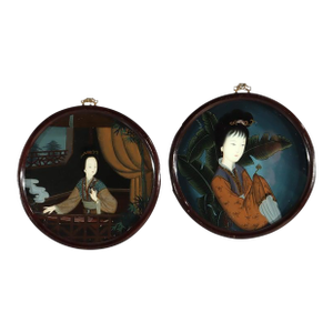 Pair of Antique Chinese Reverse Painted Circular Portrait Wall Panels C1920