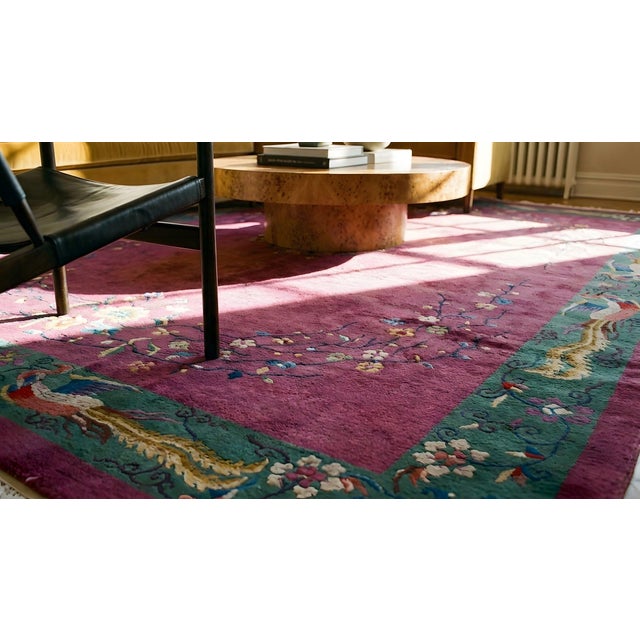 1920s Pink Raspberry Floral Birds Antique Chinese Deco Rug 9' X11' 8" Handlnotted Wool Carpet For Sale - Image 9 of 9