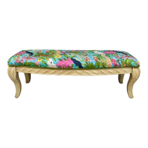 Vintage Carved Blonde Bench With Exotic Tropical Fabric Upholstery