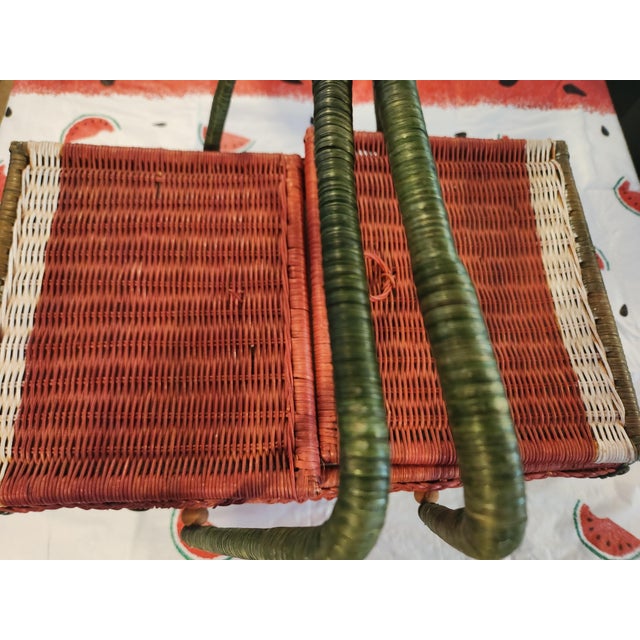 Wood 1980s Vintage Boho Chic Watermelon Wicker Picnic Basket & Matching Tablecloth Set - 2 Pieces For Sale - Image 7 of 11
